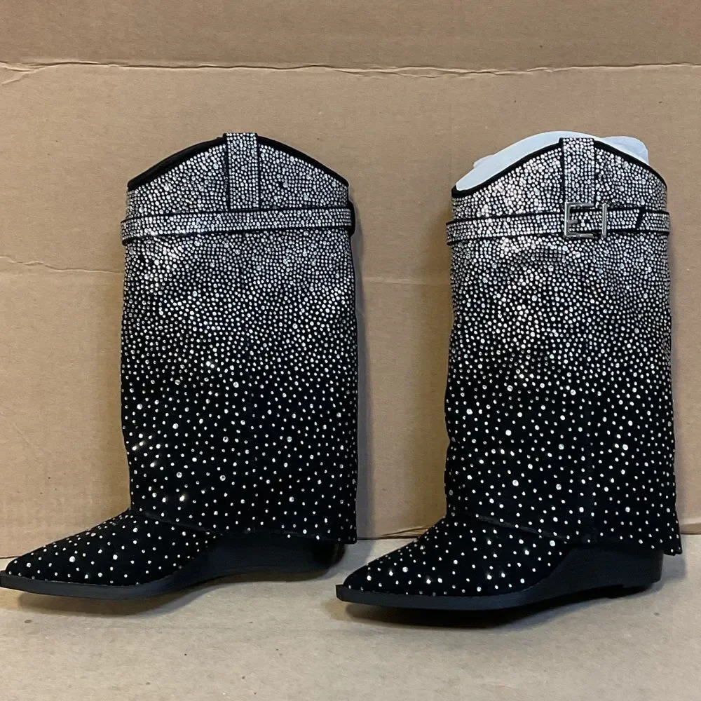 Madden Girl Black and White Rhinestone Heeled Boots - Picture 3 of 5